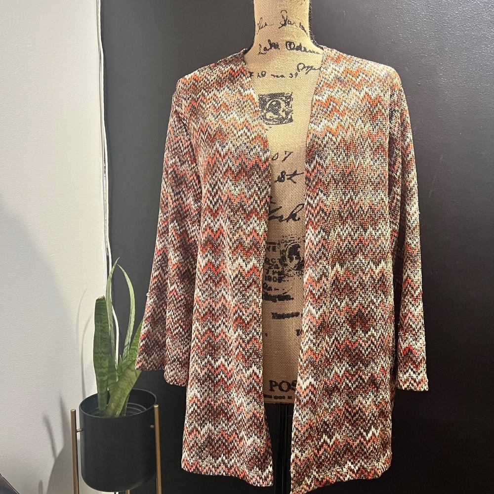 Alfred Dunner Woman 2X Chevron Zigzag Open Front Cardigan Rust Brown‎ Multi Knit